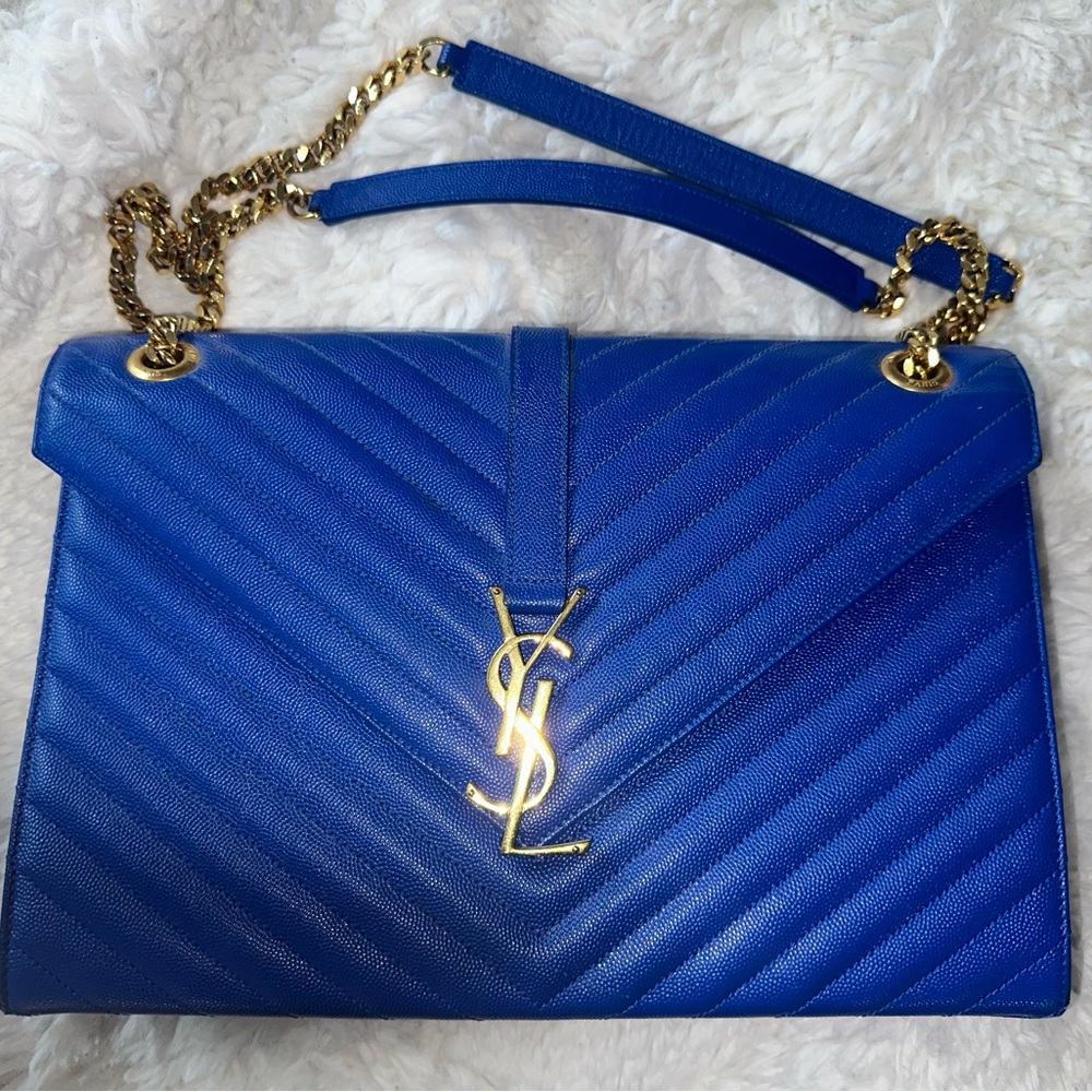 SAINT LAURENT Grain De Poudre Chevron Large Monogram Satchel Blue Majorelle